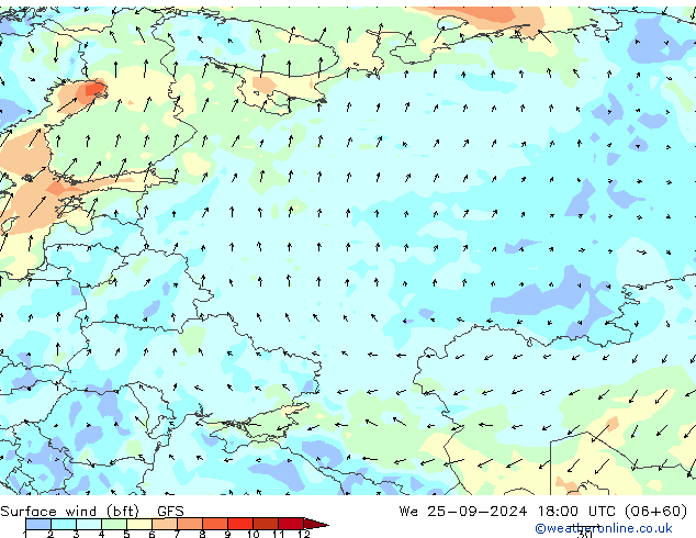 ве�Bе�@ 10 m (bft) GFS ср 25.09.2024 18 UTC