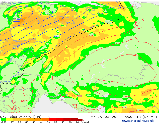 Max. wind velocity GFS mer 25.09.2024 18 UTC