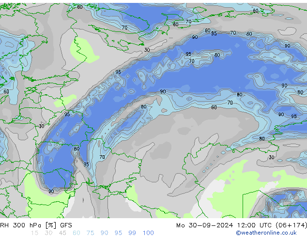 RH 300 hPa GFS Mo 30.09.2024 12 UTC