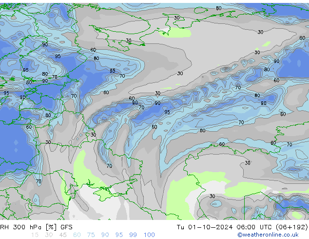 RH 300 hPa GFS mar 01.10.2024 06 UTC