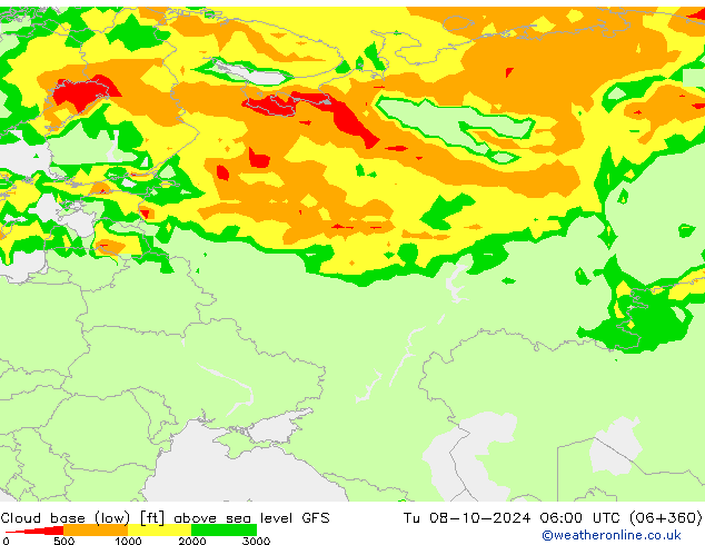 Höhe untere Wolkengrenze GFS Di 08.10.2024 06 UTC