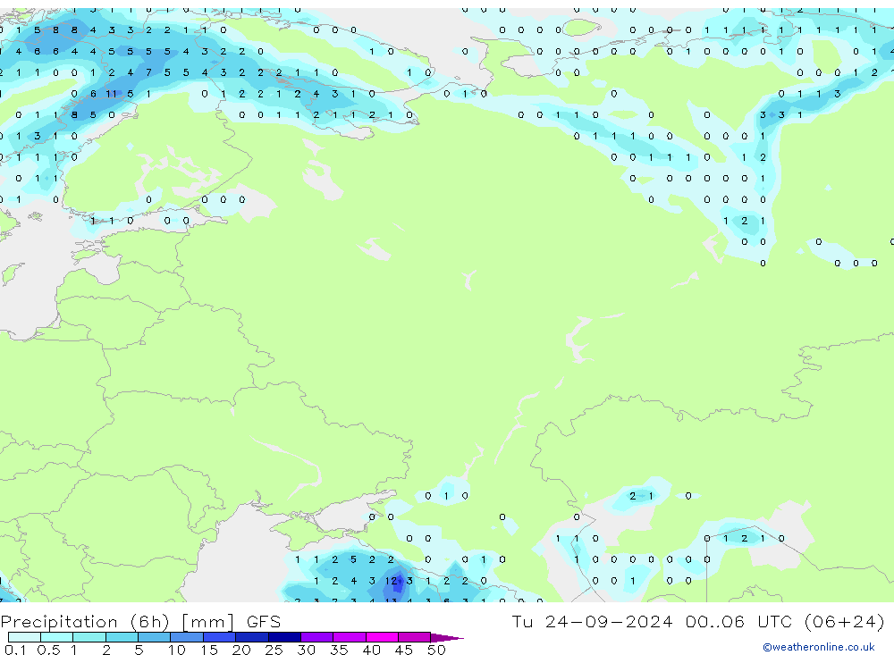 Precipitation (6h) GFS Tu 24.09.2024 06 UTC