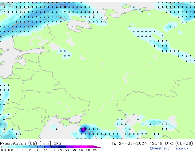 Precipitation (6h) GFS Tu 24.09.2024 18 UTC