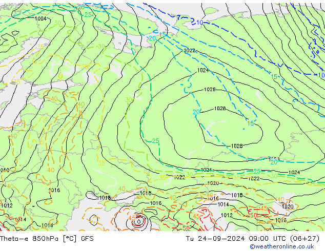 Theta-e 850hPa GFS Sa 24.09.2024 09 UTC