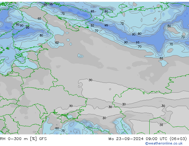 RH 0-300 m GFS Mo 23.09.2024 09 UTC