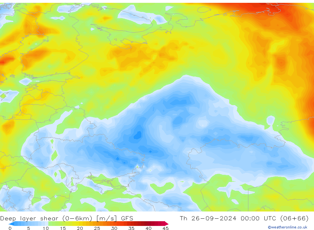 Deep layer shear (0-6km) GFS Čt 26.09.2024 00 UTC