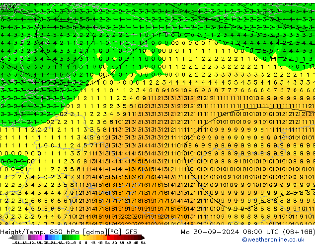 Geop./Temp. 850 hPa GFS lun 30.09.2024 06 UTC