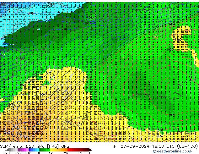 SLP/Temp. 850 hPa GFS Fr 27.09.2024 18 UTC