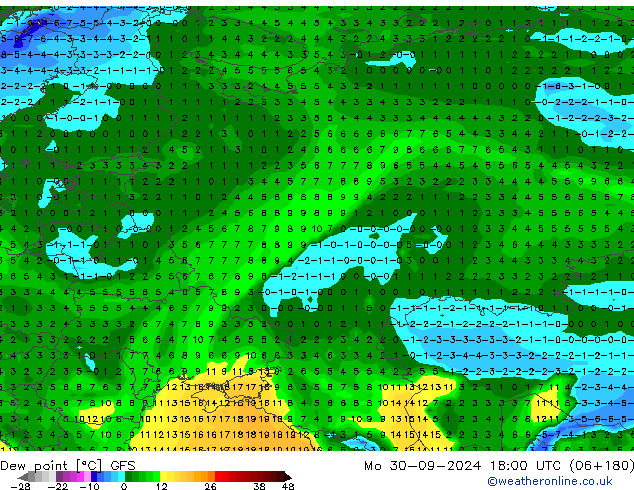 Punto di rugiada GFS lun 30.09.2024 18 UTC