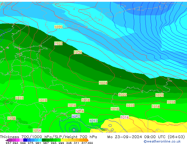 700-1000 hPa Kalınlığı GFS Pzt 23.09.2024 09 UTC