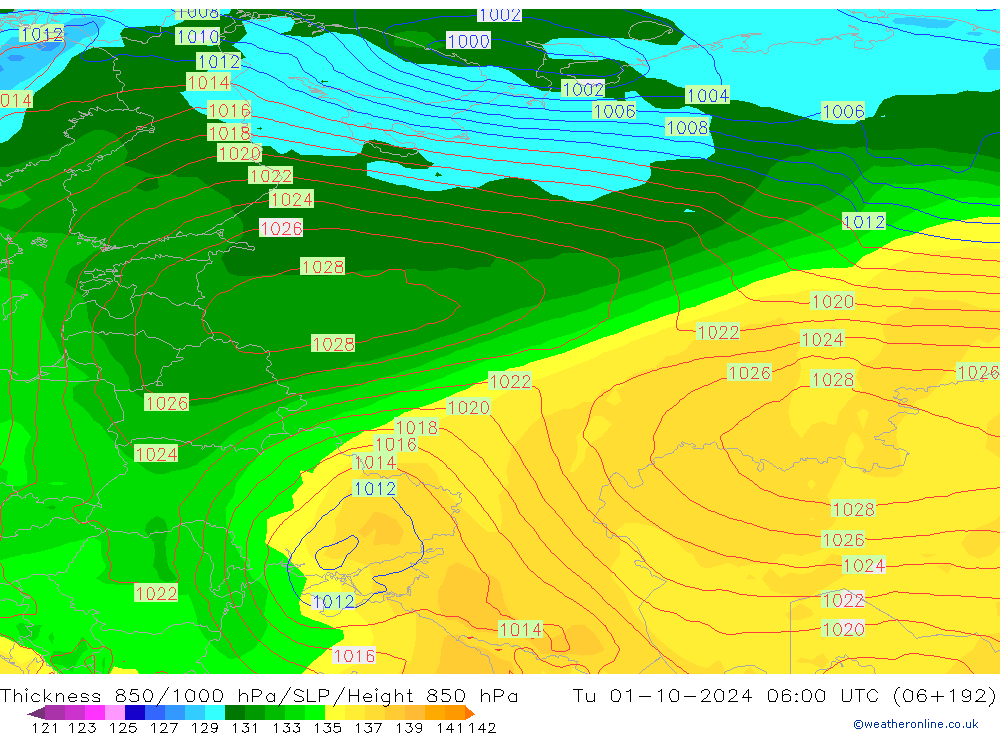 Thck 850-1000 hPa GFS wto. 01.10.2024 06 UTC