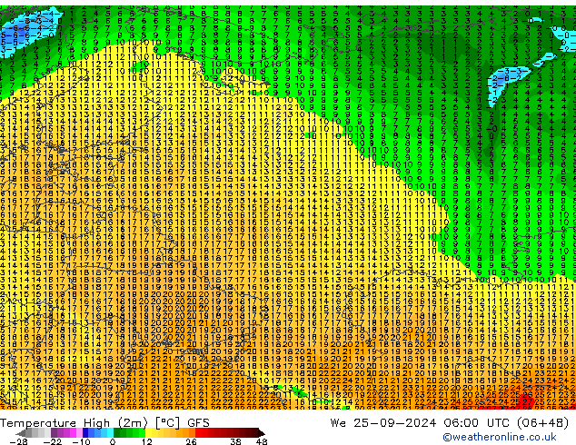 Temperature High (2m) GFS We 25.09.2024 06 UTC