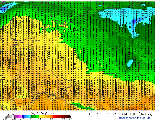 Temperature Low (2m) GFS Tu 24.09.2024 18 UTC