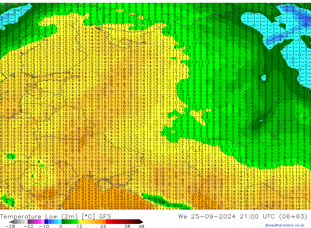 Temperatura mín. (2m) GFS mié 25.09.2024 21 UTC