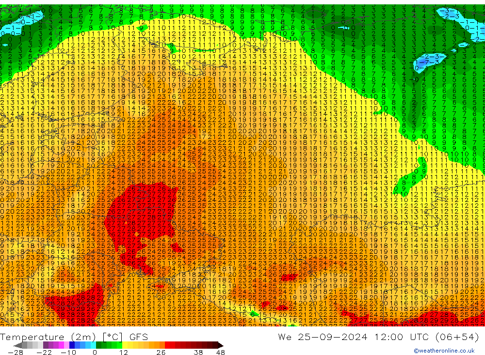 Temperature (2m) GFS We 25.09.2024 12 UTC