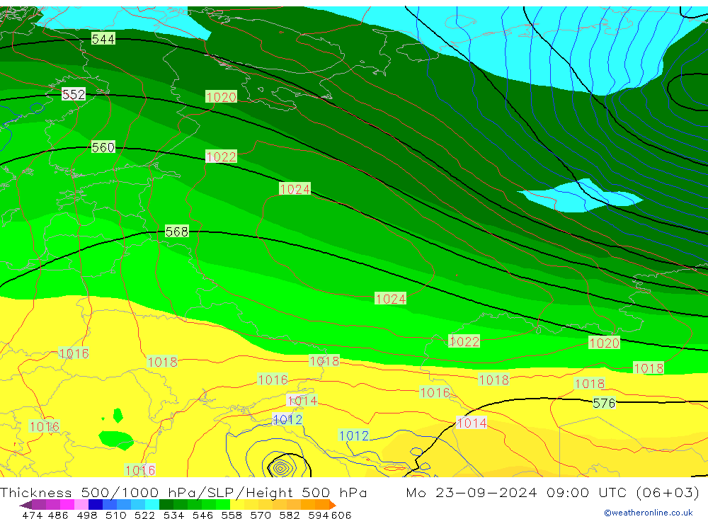 Thck 500-1000гПа GFS пн 23.09.2024 09 UTC