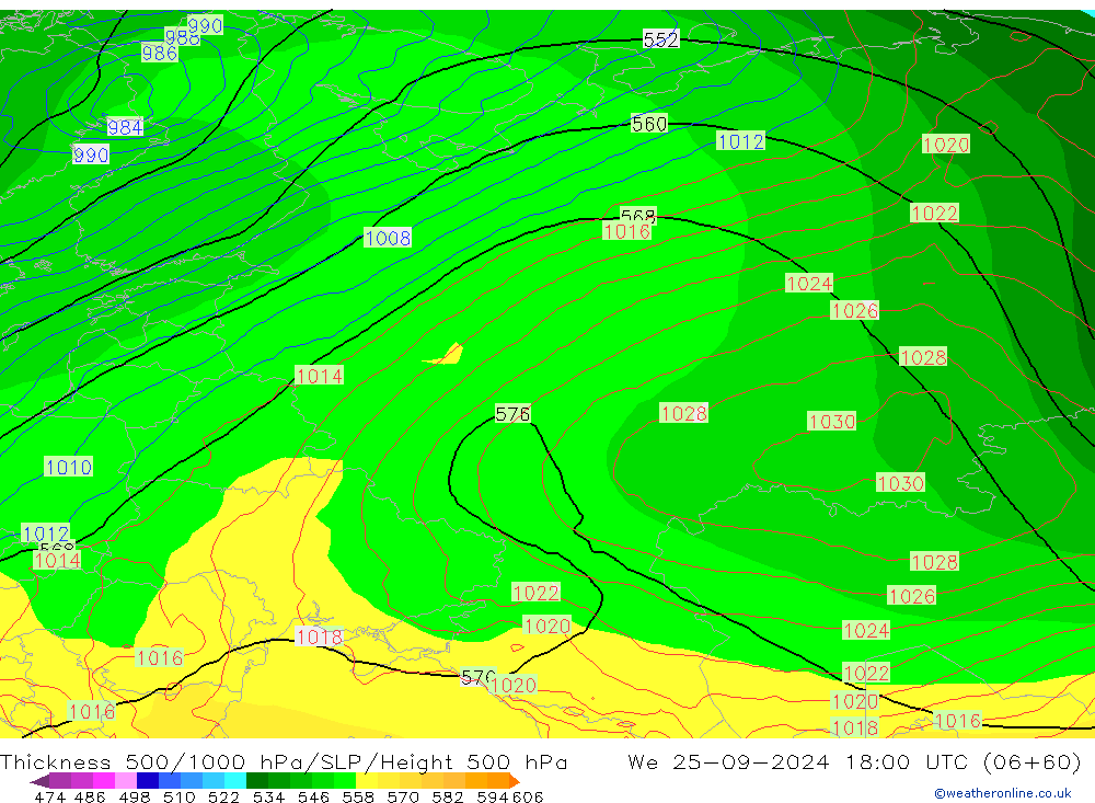 Thck 500-1000hPa GFS Qua 25.09.2024 18 UTC