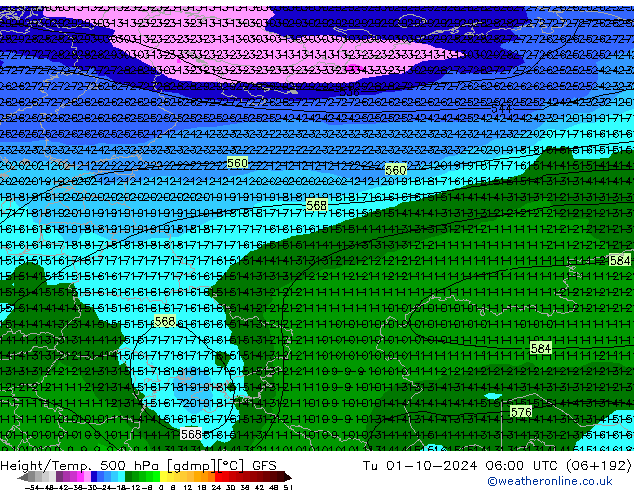 Z500/Rain (+SLP)/Z850 GFS Ter 01.10.2024 06 UTC