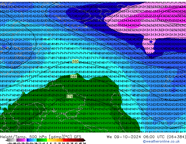 Z500/Rain (+SLP)/Z850 GFS We 09.10.2024 06 UTC