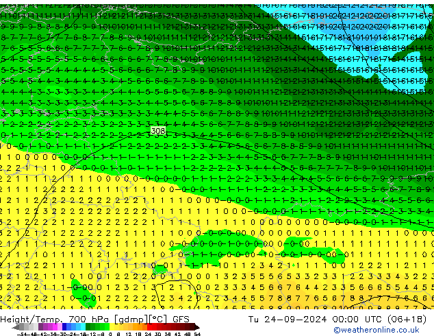 Height/Temp. 700 hPa GFS Di 24.09.2024 00 UTC