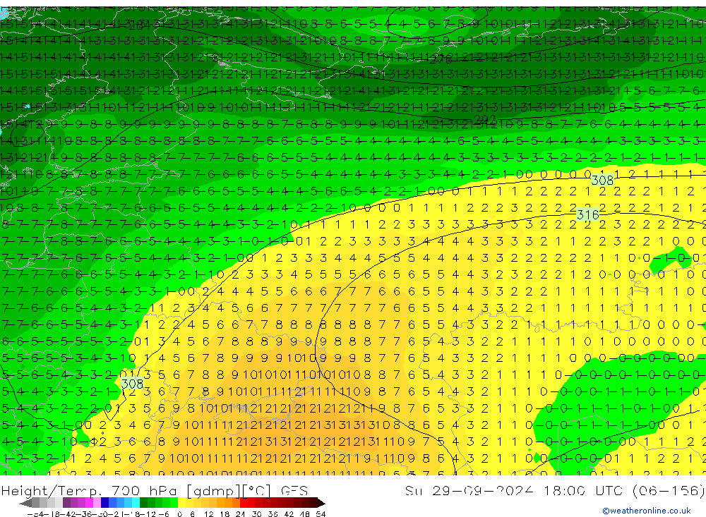 Yükseklik/Sıc. 700 hPa GFS Paz 29.09.2024 18 UTC