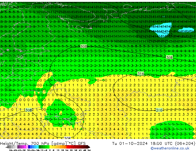 Height/Temp. 700 hPa GFS Di 01.10.2024 18 UTC