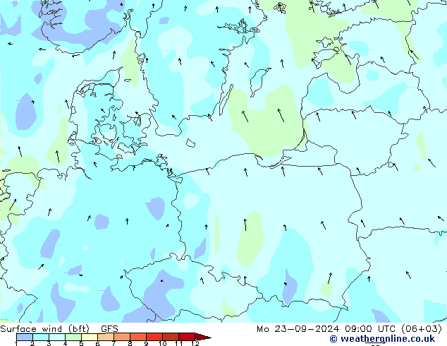 Vento 10 m (bft) GFS lun 23.09.2024 09 UTC