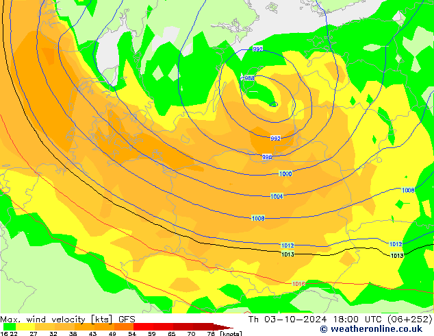 Max. wind snelheid GFS do 03.10.2024 18 UTC