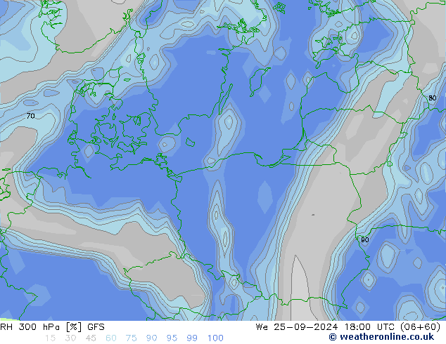 Humidité rel. 300 hPa GFS mer 25.09.2024 18 UTC