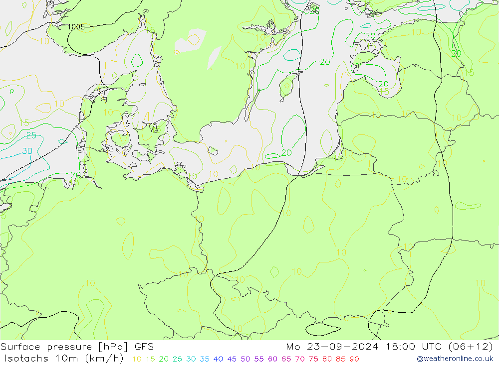 Isotachen (km/h) GFS Mo 23.09.2024 18 UTC