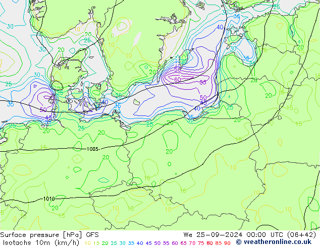 Isotachs (kph) GFS We 25.09.2024 00 UTC