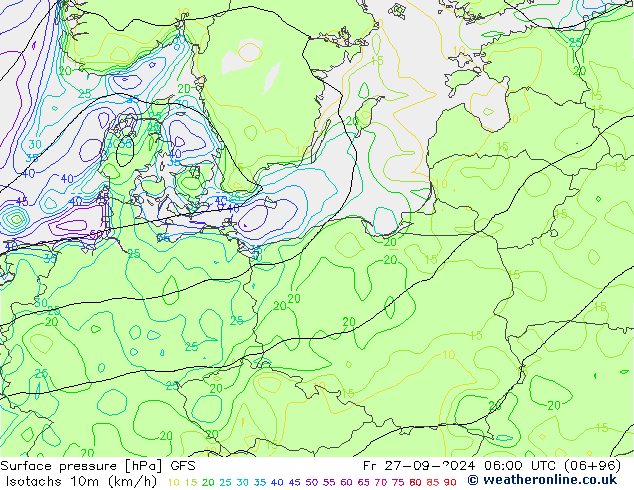 Izotacha (km/godz) GFS pt. 27.09.2024 06 UTC