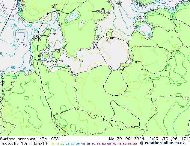 Isotachs (kph) GFS  30.09.2024 12 UTC