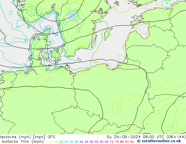 Isotachs (mph) GFS Вс 29.09.2024 06 UTC