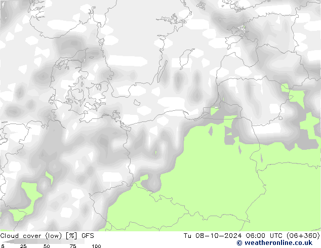 Cloud cover (low) GFS Tu 08.10.2024 06 UTC