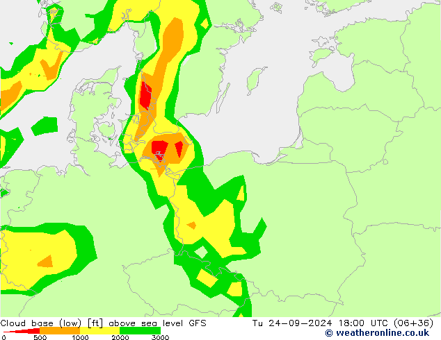 Cloud base (low) GFS Út 24.09.2024 18 UTC