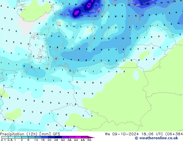 Precipitação (12h) GFS Qua 09.10.2024 06 UTC