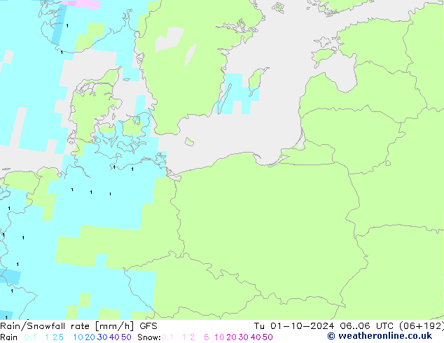 Rain/Snowfall rate GFS mar 01.10.2024 06 UTC