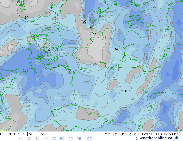 RH 700 hPa GFS mer 25.09.2024 12 UTC