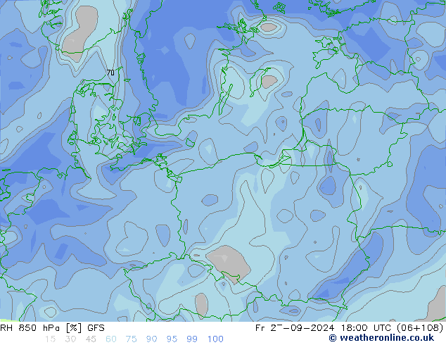 Humedad rel. 850hPa GFS vie 27.09.2024 18 UTC