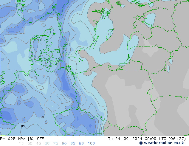 RH 925 гПа GFS вт 24.09.2024 09 UTC