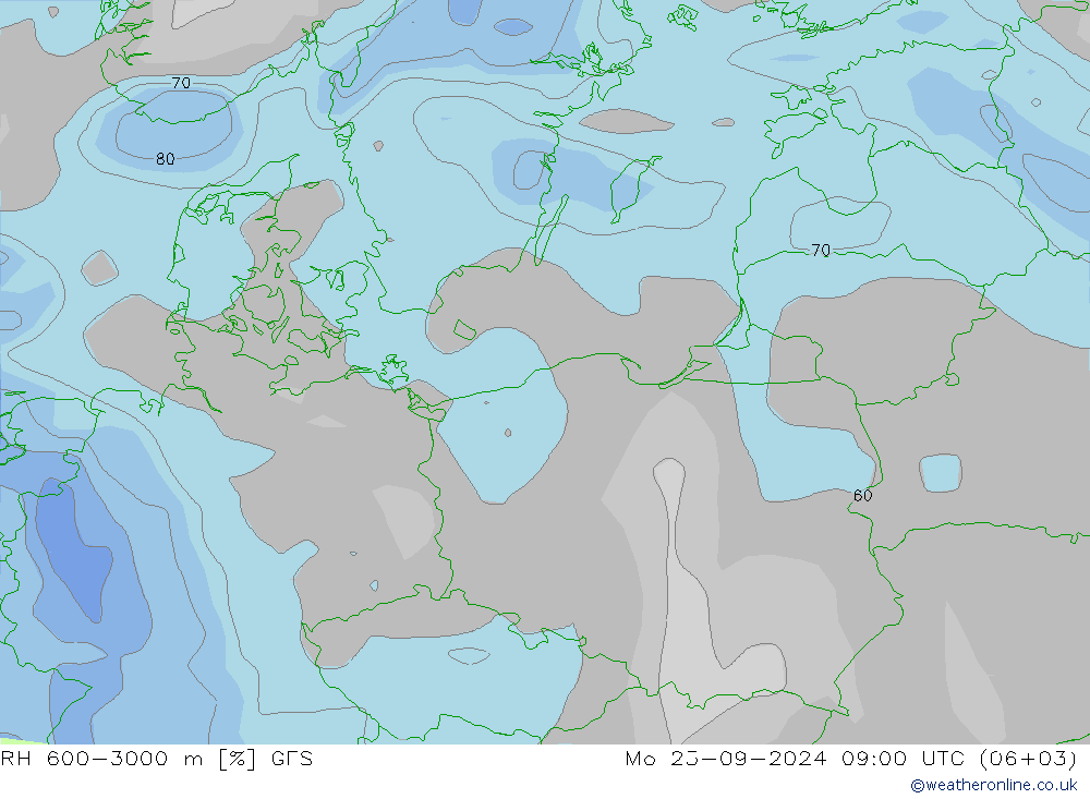 RH 600-3000 m GFS Mo 23.09.2024 09 UTC