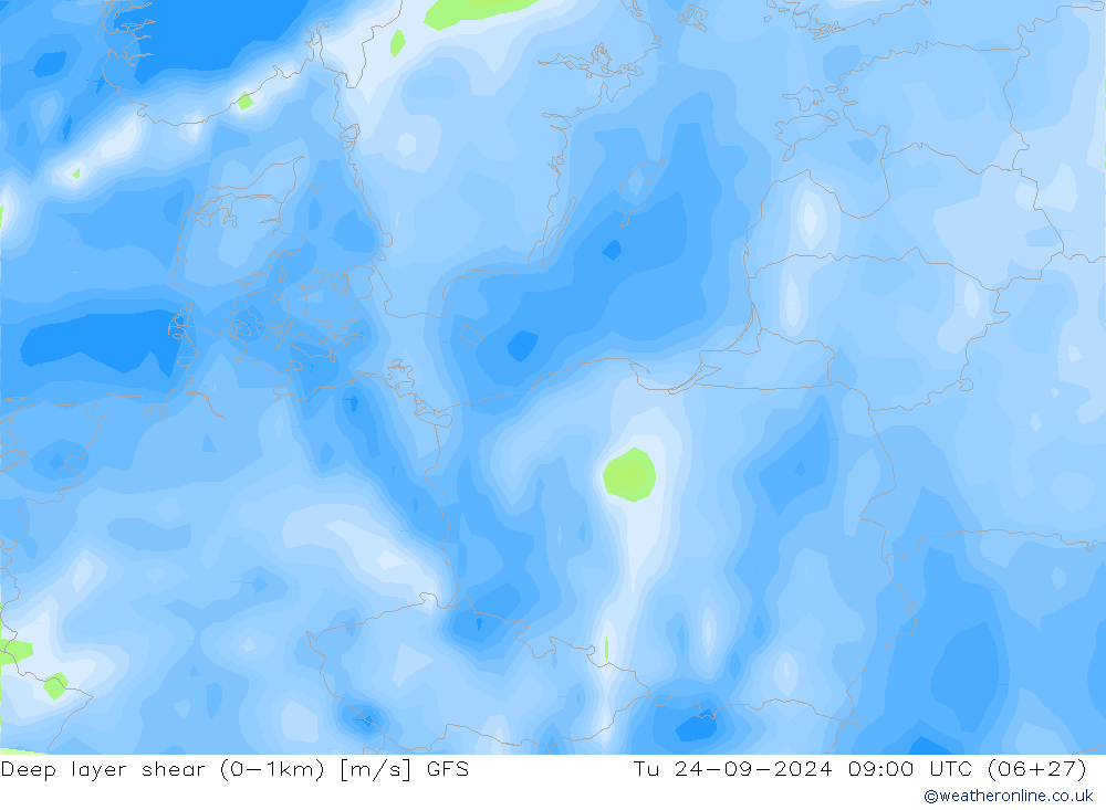 Deep layer shear (0-1km) GFS Ter 24.09.2024 09 UTC