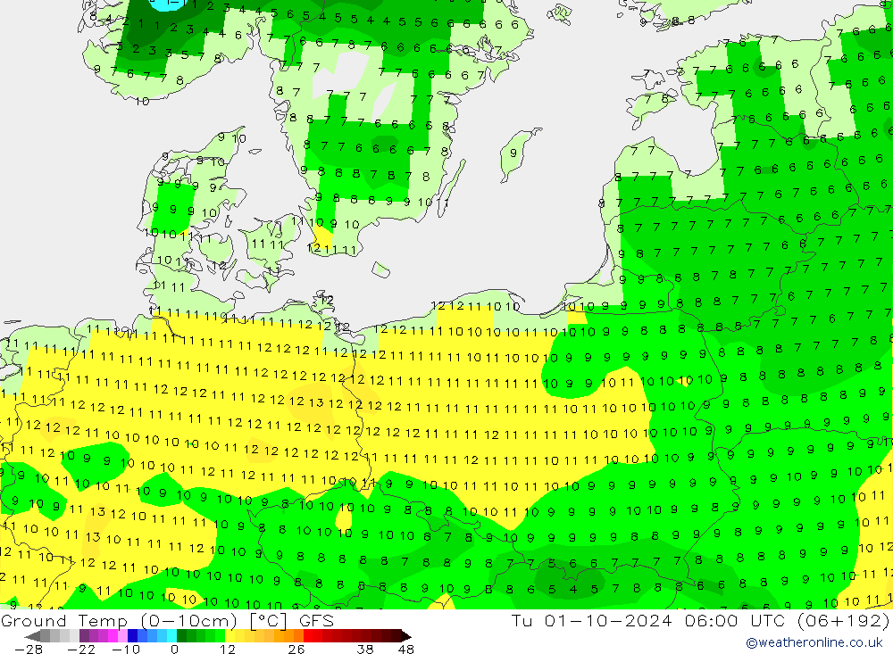 Topraküstü en düşük Sıc. GFS Sa 01.10.2024 06 UTC