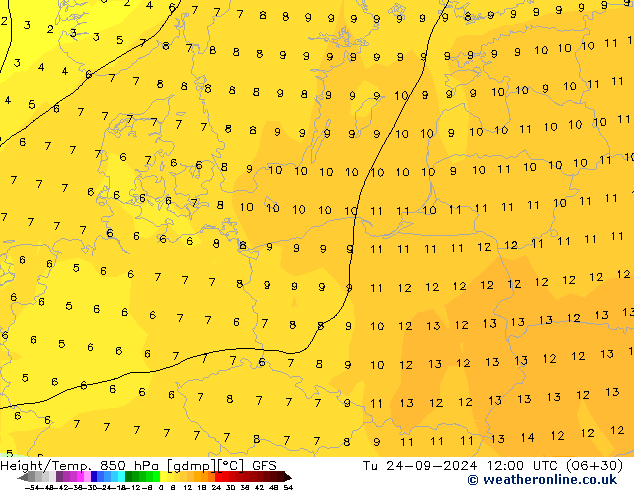 Geop./Temp. 850 hPa GFS mar 24.09.2024 12 UTC