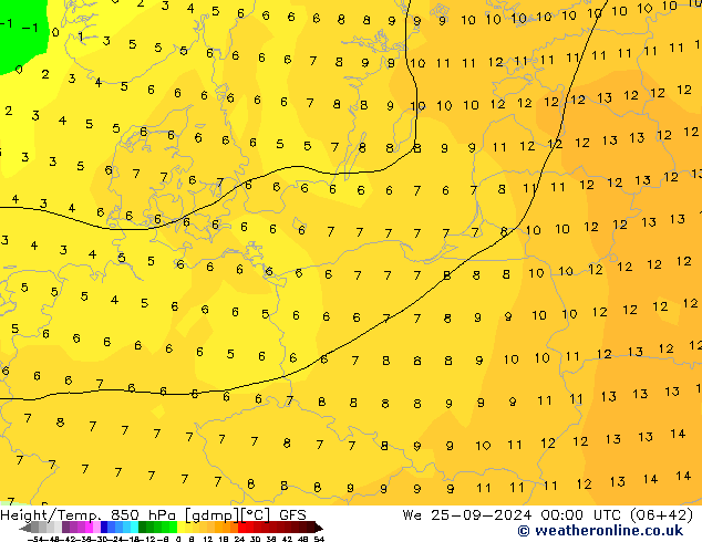 Hoogte/Temp. 850 hPa GFS wo 25.09.2024 00 UTC