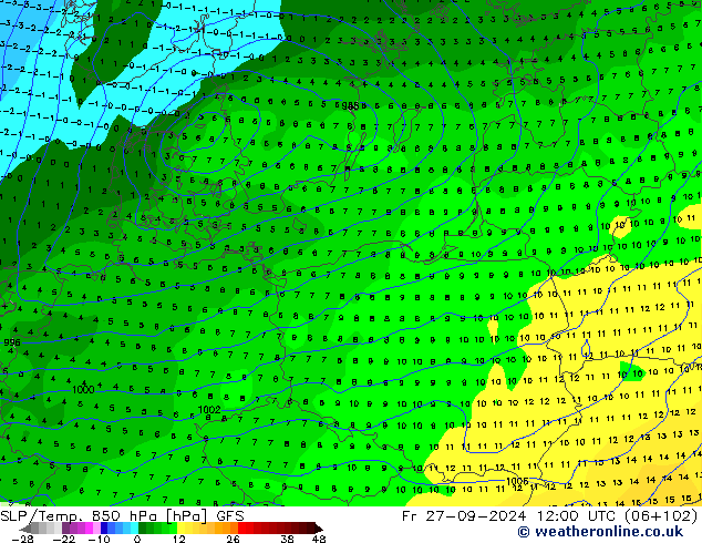 SLP/Temp. 850 hPa GFS ven 27.09.2024 12 UTC