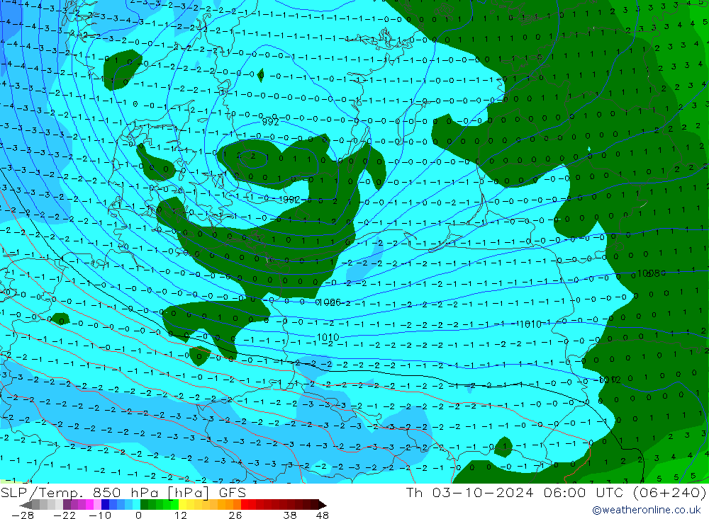 SLP/Temp. 850 hPa GFS do 03.10.2024 06 UTC