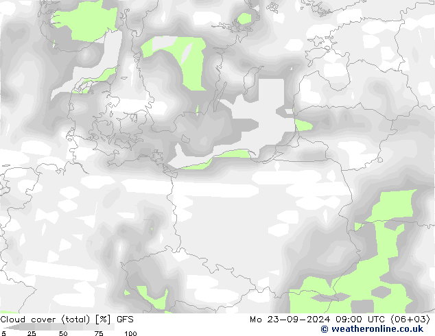 zachmurzenie (suma) GFS pon. 23.09.2024 09 UTC