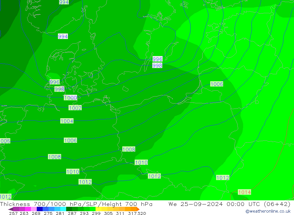 Thck 700-1000 гПа GFS ср 25.09.2024 00 UTC